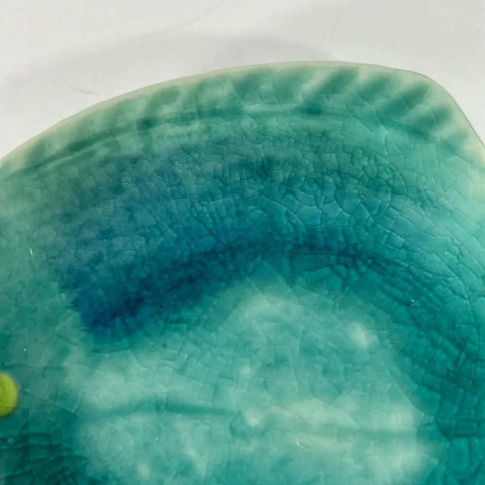 Crate & Barrel Japanese Crackle Ceramic Blue Green Fish Trinket/Kitchen Dish